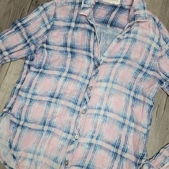Side Stitch Plaid Button-Up Shirt M 100% Cotton  Pink & Blue light knit fall - Picture 6 of 6